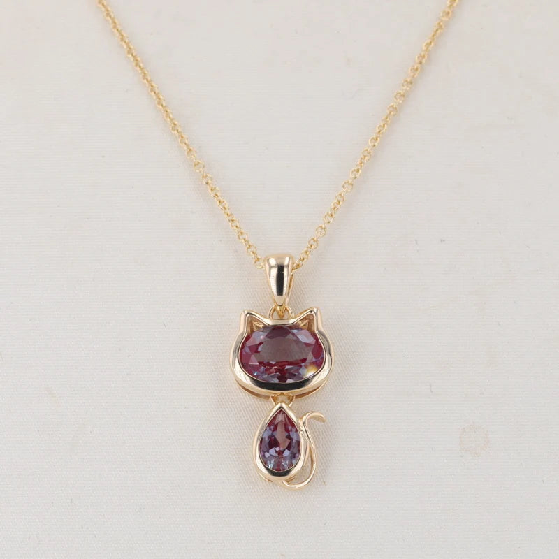 Oval and Pear Alexandrite Cat Pendant/Necklace in 10K Solid Yellow Gold