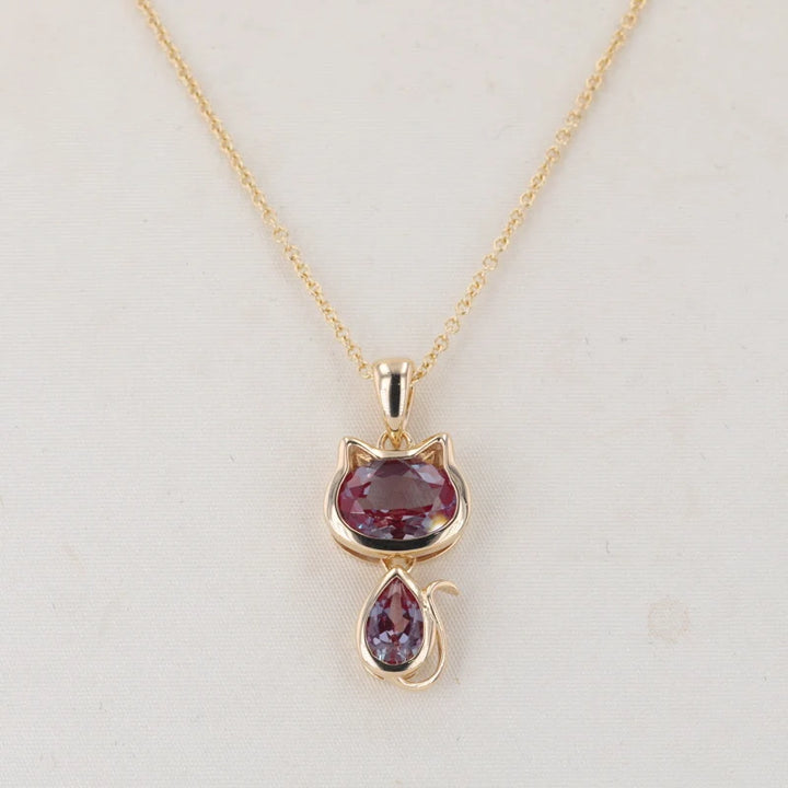Oval and Pear Alexandrite Cat Pendant/Necklace in 10K Solid Yellow Gold