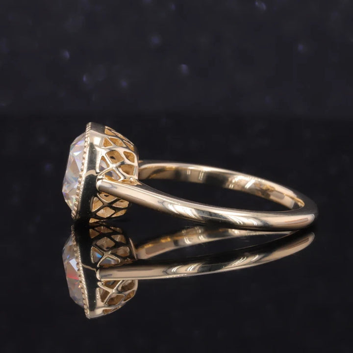 8.5*9mm Old Mine Cut Bezel-Set Moissanite Vintage Ring in 10K Solid Yellow Gold