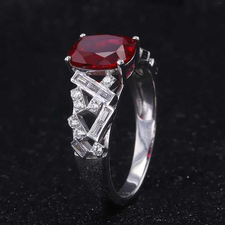 7x9mm, 2.75ct Cushion Lab-Grown Ruby Ring with Diamond Accent Band in 14K White Gold