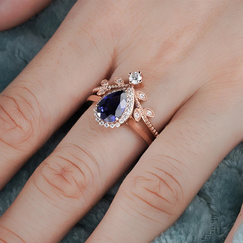 6*9mm Pear Cut Blue Sapphire Moissanite Halo Band Ring Set in 18K Solid Rose Gold