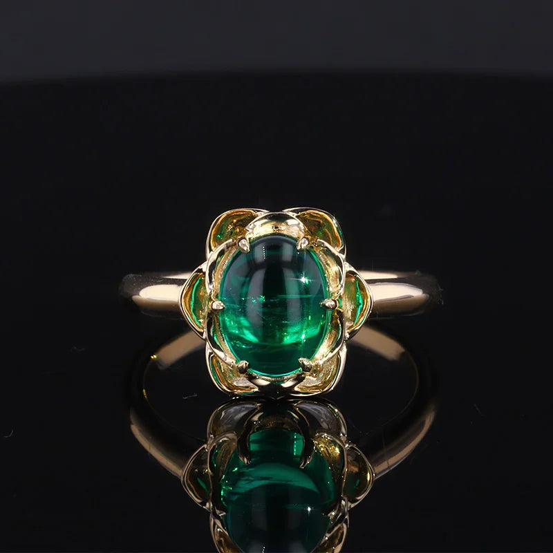 Cabochon Cut Emerald Ring in 14K Solid Yellow Gold