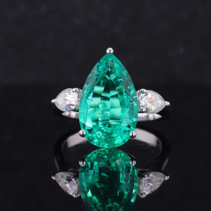 10x16mm, 12ct Pear Lab-Grown Colombian Emerald with Diamond Three-Stone Ring in 18K White Gold