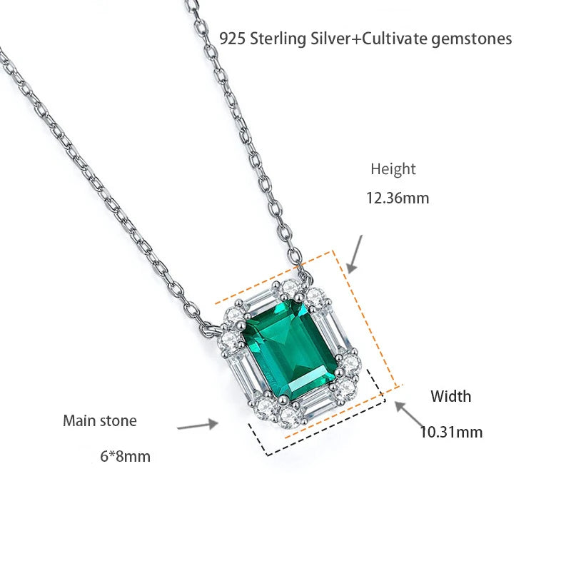 6*8mm Emerald with Halo Pendant/Necklace in 18k White Gold-Plated 925 Sterling Silver