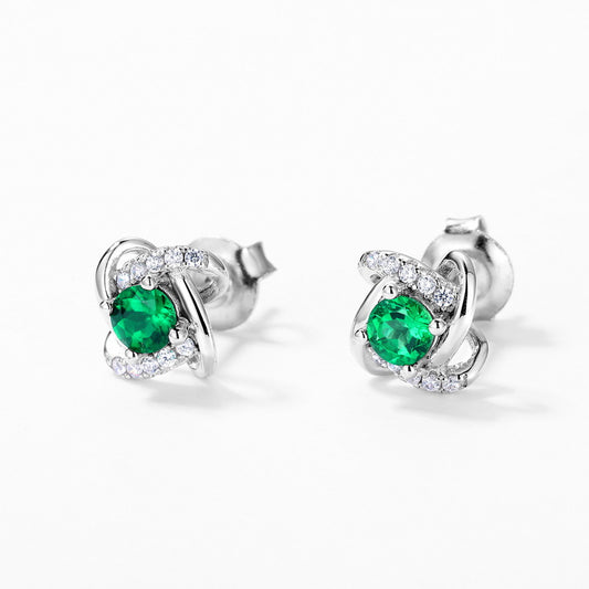 Round Lab-Grown Zambian Emerald Stud Earrings in 18k White Gold-Plated 925 Sterling Silver
