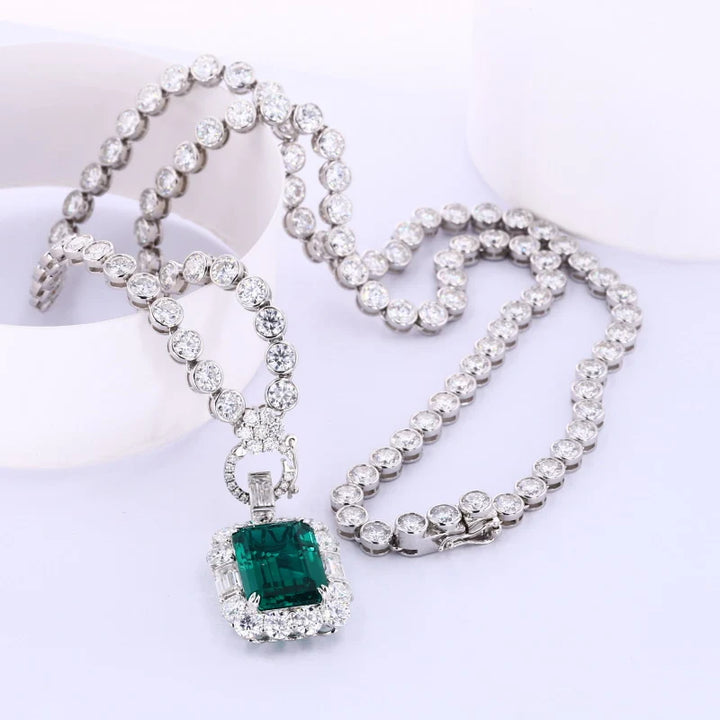 10x13mm, 6.50ct Lab-Grown Zambian Emerald Pendant with Bezel-Set Moissanite Tennis Necklace in 10K White Gold
