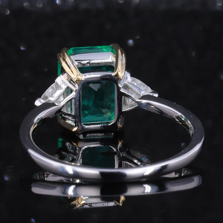 8x10mm, 3.00ct Lab-Grown Colombian Emerald with Moissanites Three-Stone Ring in 18K White Gold