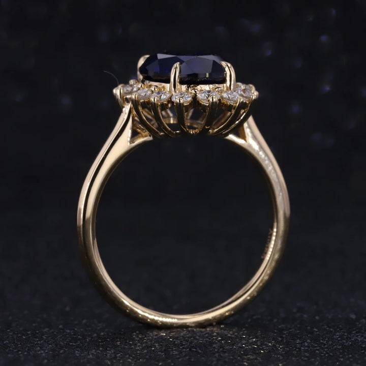 8x11mm, 5.27ct Oval Lab-Grown Blue Sapphire "Diana Setting" Ring with Diamond Halo in 14K Yellow Gold