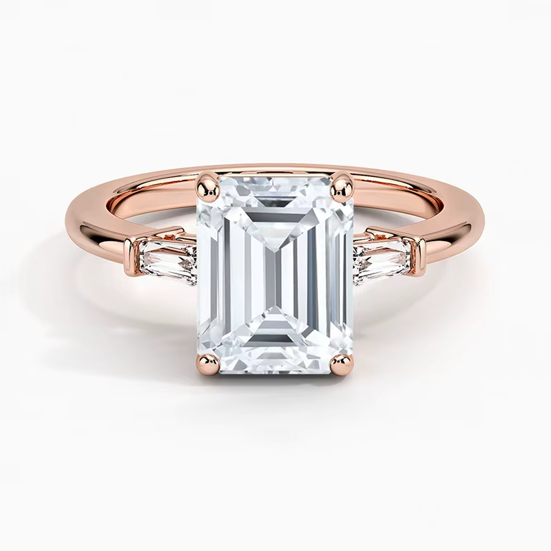 2.50ct Emerald Lab-Grown Diamond Solitaire Ring with Two-Stone Band in Solid Gold