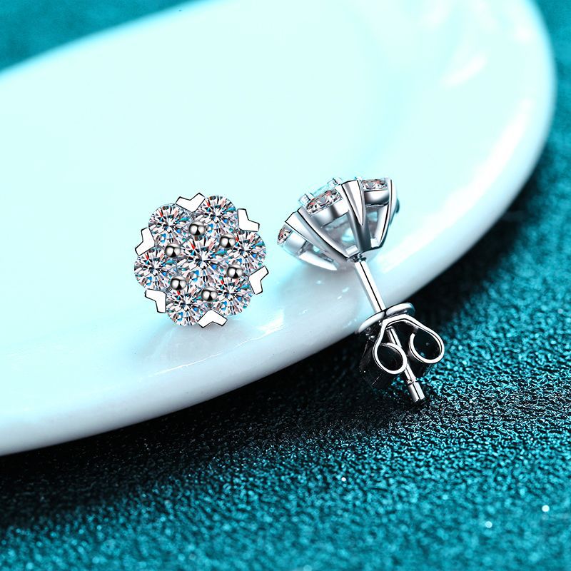 Snowflake Flower Heart Moissanite Earrings in Platinum-Plated 925 Sterling Silver