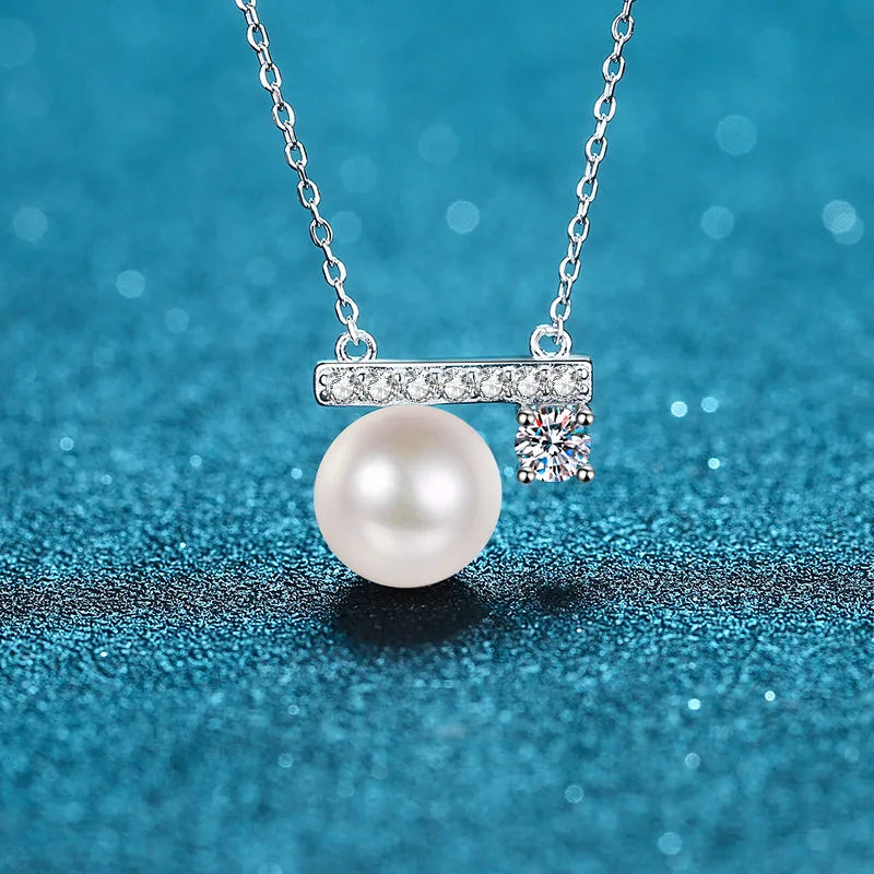 Pearl Moissanite L Design Pendant Necklace in Platinum plated 925 silver