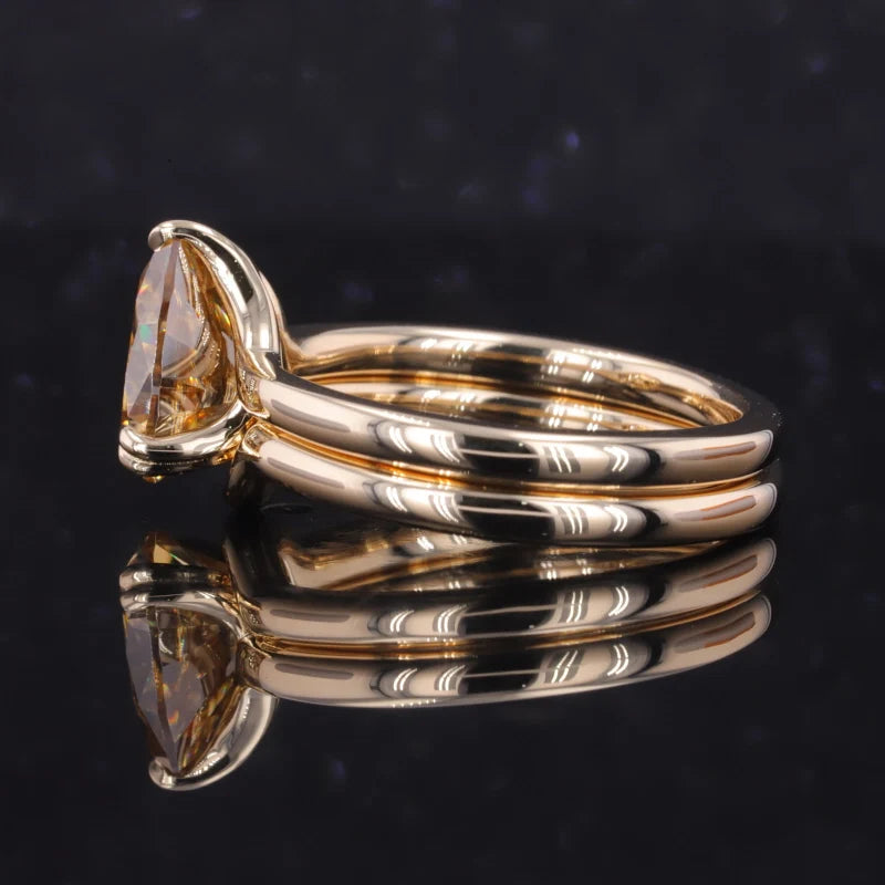 7*10mm Pear Cut Champagne Double-Band Ring in 14K Solid Yellow Gold