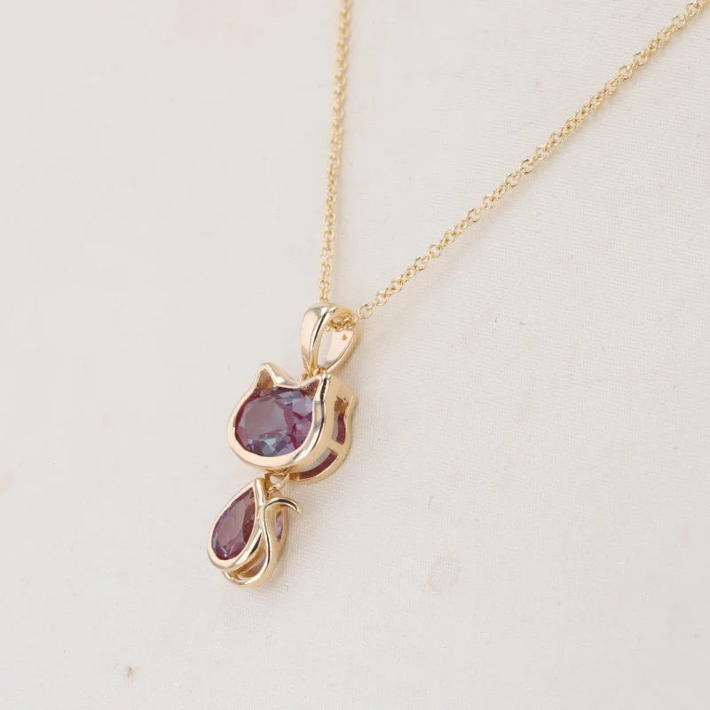 Oval and Pear Alexandrite Cat Pendant/Necklace in 10K Solid Yellow Gold