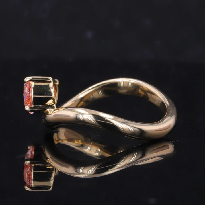 1.00ct Oval Cut Vivid Pink Diamond Curved Ring in 14K Solid Yellow Gold
