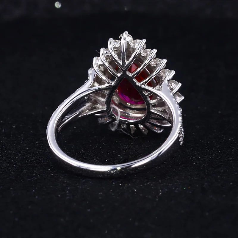 7*10mm Pear Cut Red Ruby Ring with Diamond Halo in 14K Solid White Gold