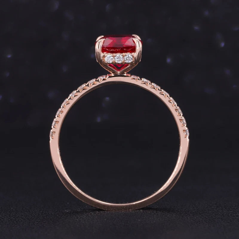 7mm, 2.00ct Asscher Lab-Grown Ruby with Half-Eternity Diamond Ring in 14K Rose Gold