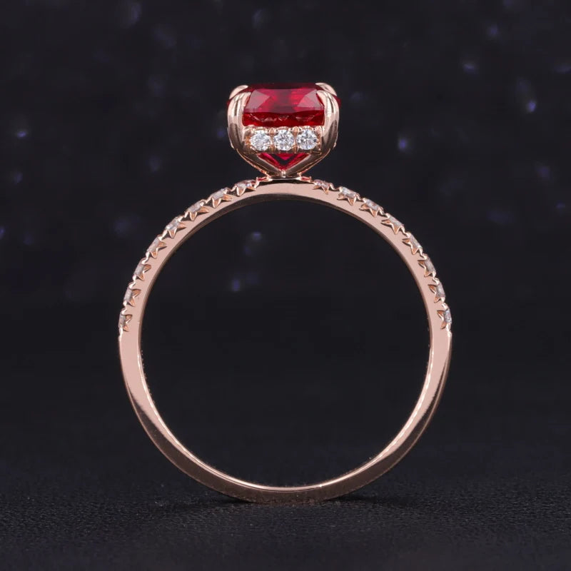 7*7mm Asscher Cut Red Ruby with Half-Eternity Moissanite Ring in 14K Solid Rose Gold