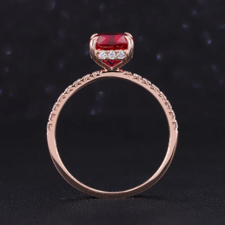 7mm, 2.00ct Asscher Lab-Grown Ruby with Half-Eternity Diamond Ring in 14K Rose Gold