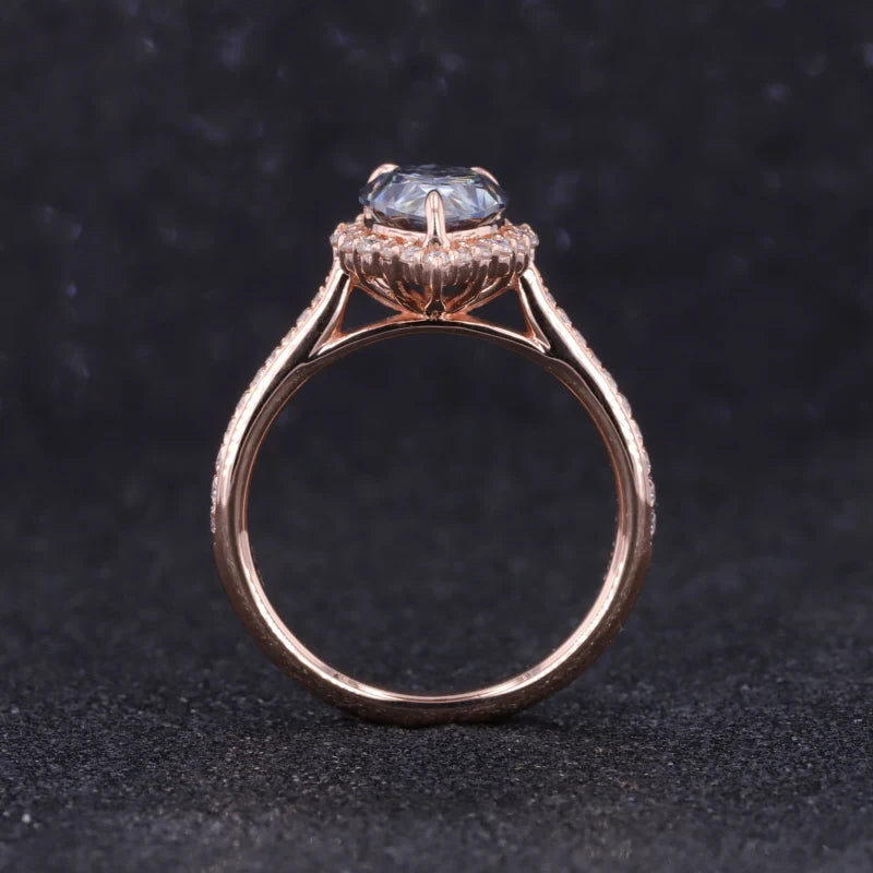 7*9mm Pear Cut Grey Moissanite with Halo/Half-Eternity Ring in 10K Solid Rose Gold