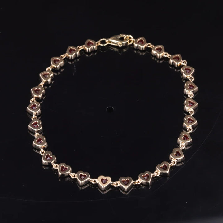 3mm, 7.92ctw Heart Lab-Grown Ruby Bezel-Set Bracelet in Yellow Gold