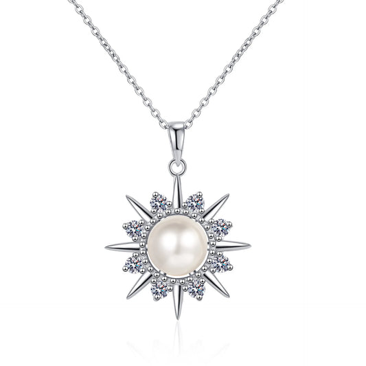 8mm Pearl and Moissanite Sunflower Pendant Necklace in Platinum Plated 925 Silver