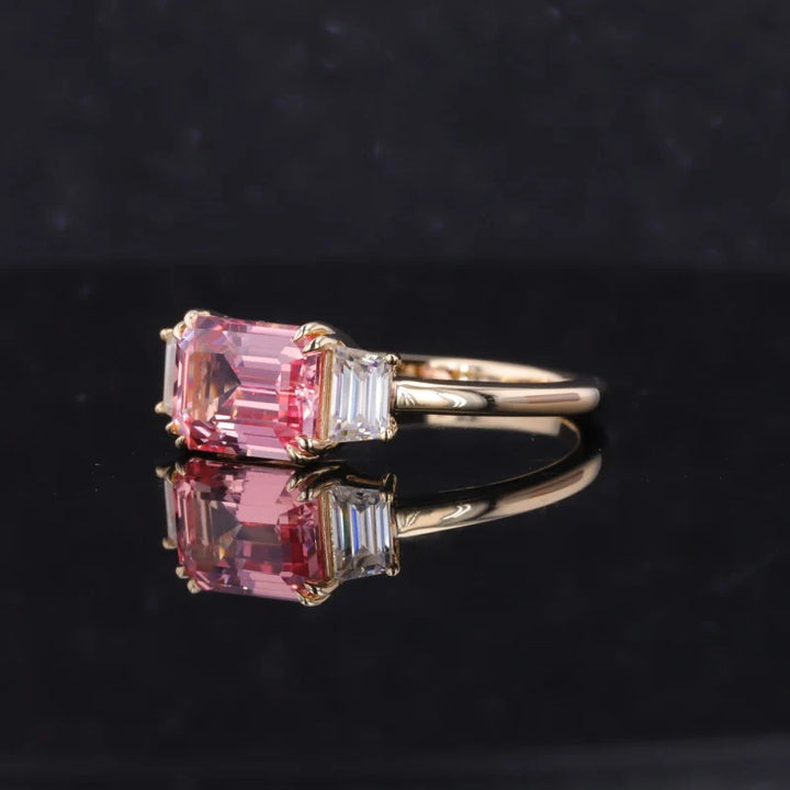 9x11mm, 6.10ct Emerald Lab-Grown Padparadscha Pink Sapphire with Diamonds Three-Stone Ring in 14K Yellow Gold