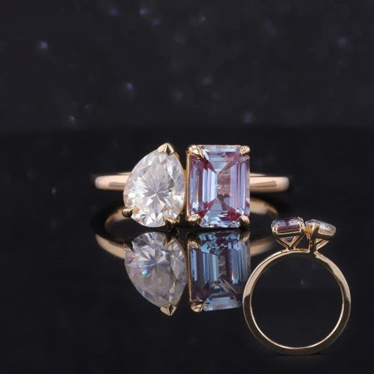 6*8mm Emerald Cut Alexandrite and 6*8mm Pear Cut Moissanite Toi Et Moi Ring in Solid 14K Yellow Gold