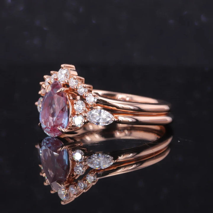6*9mm, 1.60ct Pear Cut Alexandrite Ring with Diamond Stacking Band in 14K Solid Rose Gold