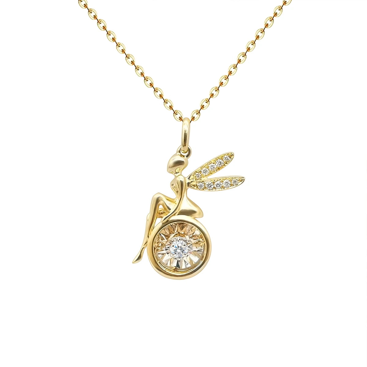 Angel Wing Pendant Necklace with 0.05ct Dancing Diamond in 18K Solid Yellow Gold