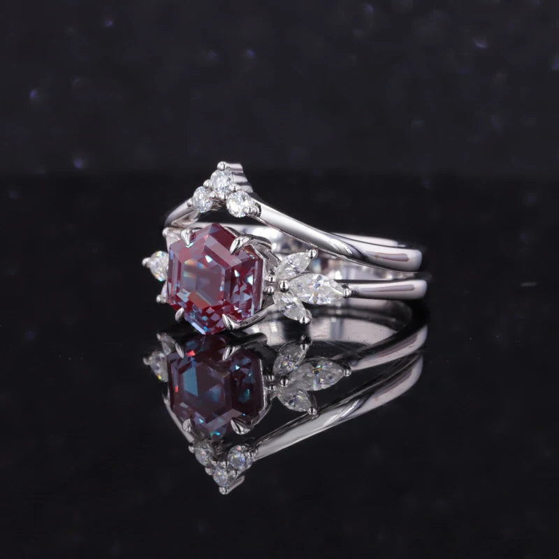 7mm Hexagon Cut Alexandrite with Diamond Ring with Diamond Staking Ring in 14K Solid White Gold