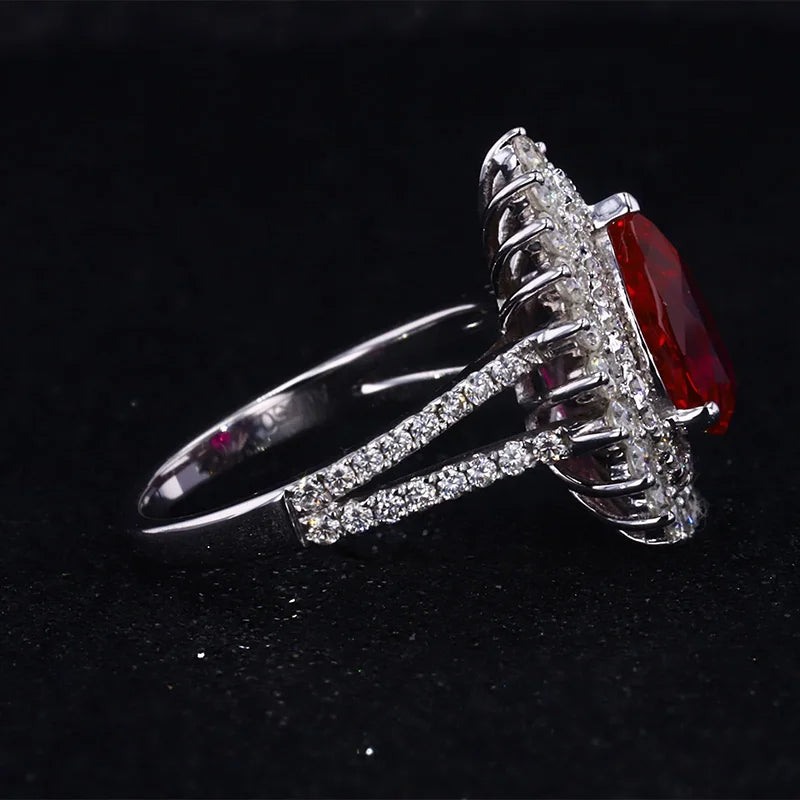 7x10mm, 2.75ct Pear Lab-Grown Red Ruby Ring with Diamond Halo/Band in 14K White Gold