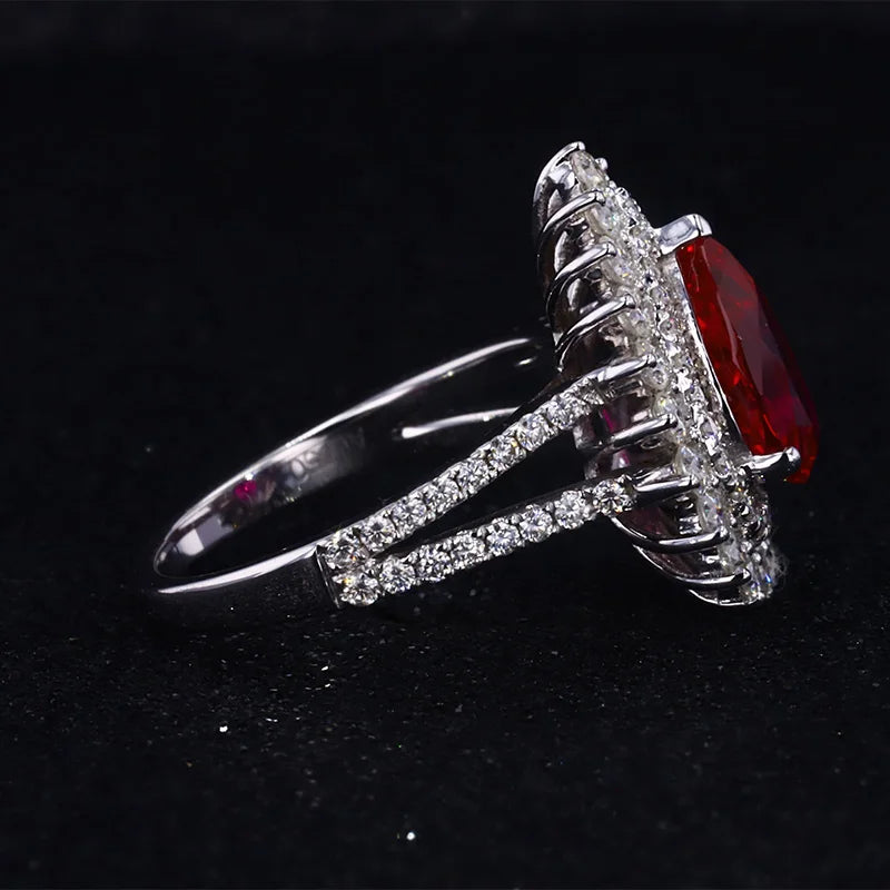 7*10mm Pear Cut Red Ruby Ring with Diamond Halo in 14K Solid White Gold