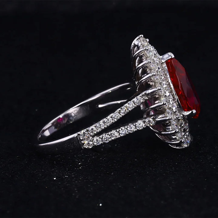7x10mm, 2.75ct Pear Lab-Grown Red Ruby Ring with Diamond Halo/Band in 14K White Gold