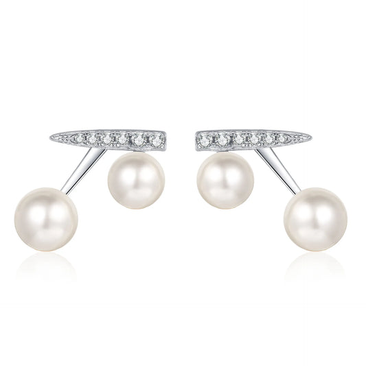 5mm and 6mm Pearl Moissanite Earrings in Platinum Plated 925 Silver
