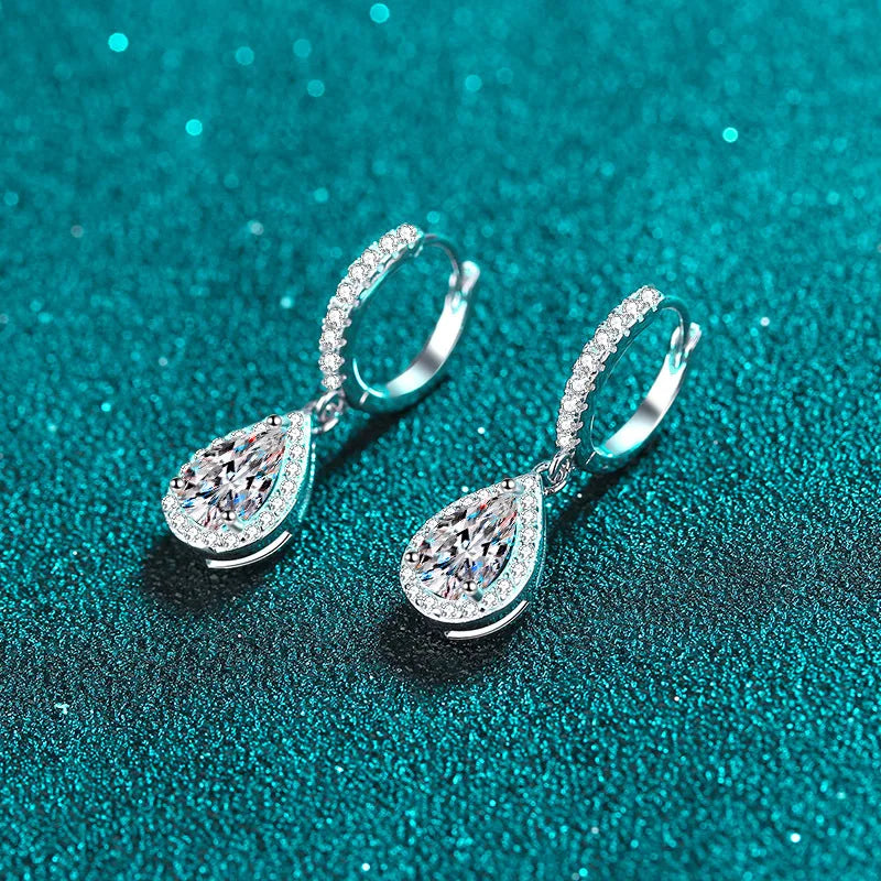 2ct Pear Moissanite Drop Earrings in Platinum-Plated 925 Sterling Silver