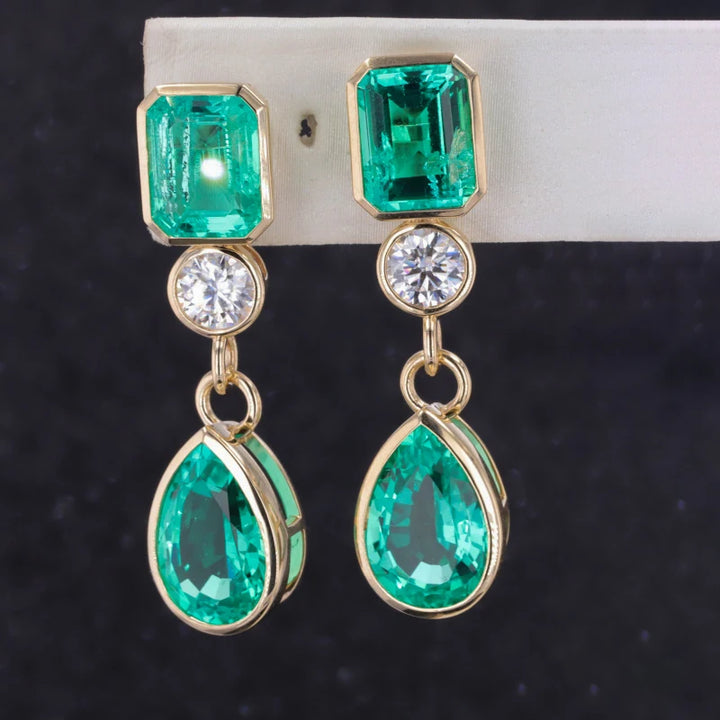 8x12mm Pear & 7x9mm Emerald Cut 4.90ctw Lab-Grown Colombian Emerald Bezel-Set Dangle Earrings with Diamond in 14K Yellow Gold