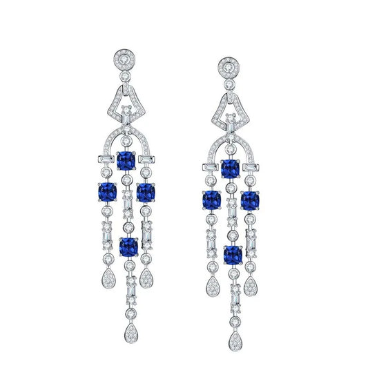 Blue and White Sapphire Drop Tassel Dangle Earrings in Platinum-Plated 925 Sterling Silver