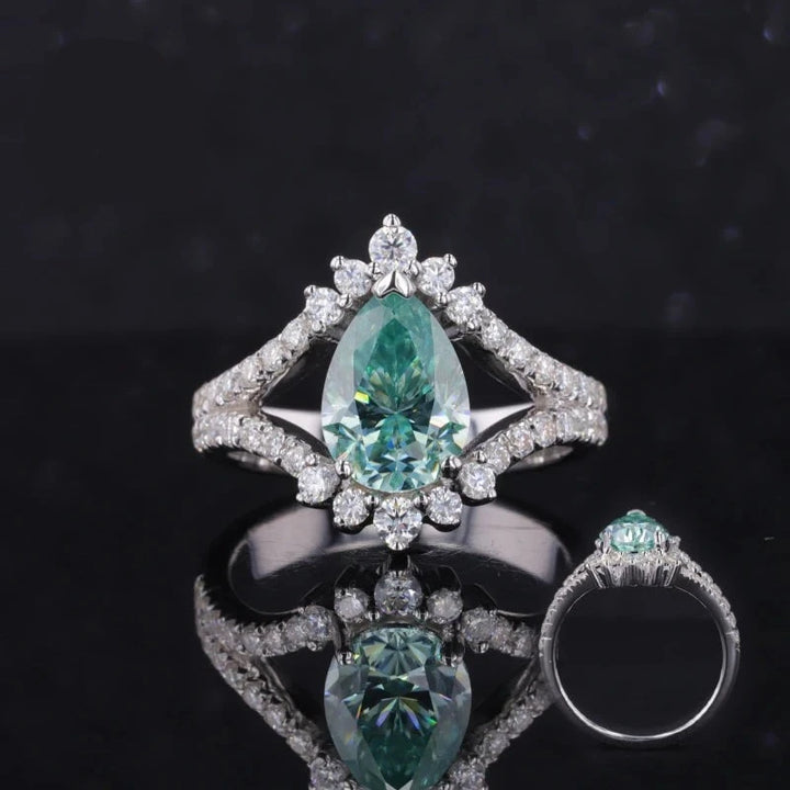 7x10mm Pear Cut Paraiba Diamond "Eye" Ring in 14K Solid White Gold
