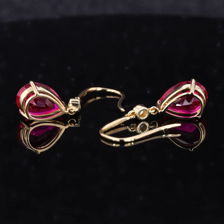 5x7mm, 1ct Each Pear Lab-Grown Ruby with Accent Diamond Dangle Earrings in 14K Yellow Gold