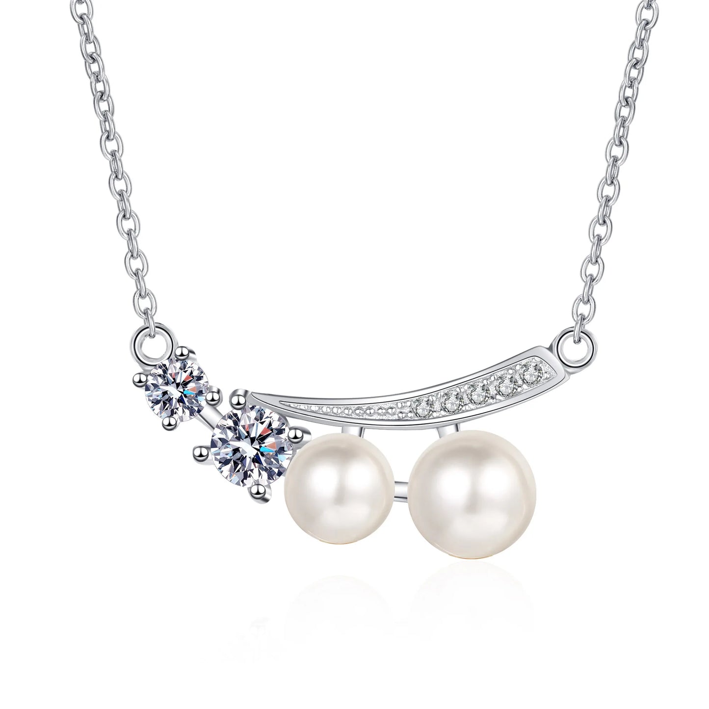 5mm ,7mm Pearls with 0.43ct Moissanites Pendant and Necklace in Platinum Plated 925 Silver