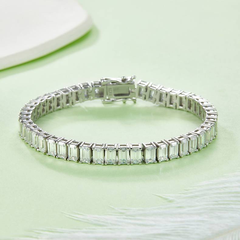 3x5mm 0.5ct D color, VVS Cluster Emerald Moissanite Tennis Bracelet in White Gold-Plated 925 Sterling Silver Tennis Bracelet