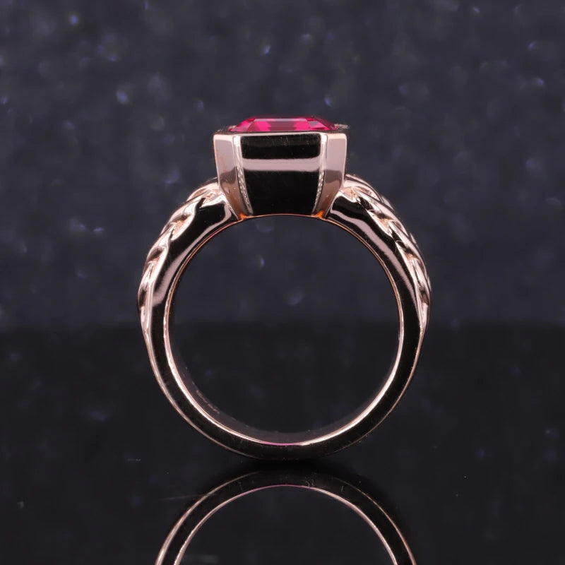 8*10mm Emerald Cut Red Ruby Bezel Set Ring in 10K Solid Rose Gold