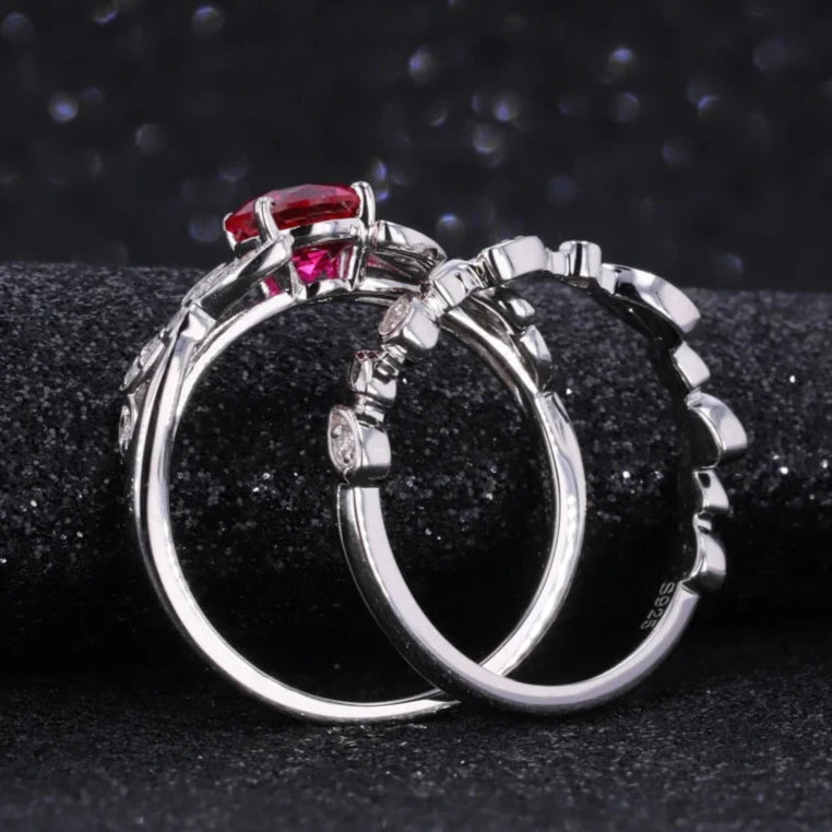 5mm Round Cut Red Ruby with Diamond Ring in 10K Solid White Gold