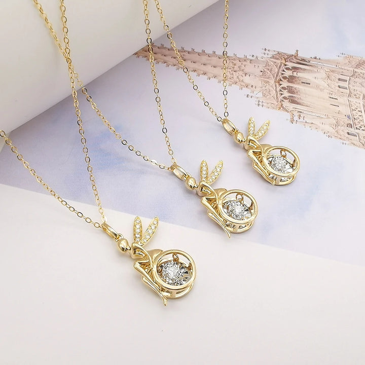 Fairy Pendant Necklace with 0.05ct Dancing Diamond in 18K Solid Yellow Gold
