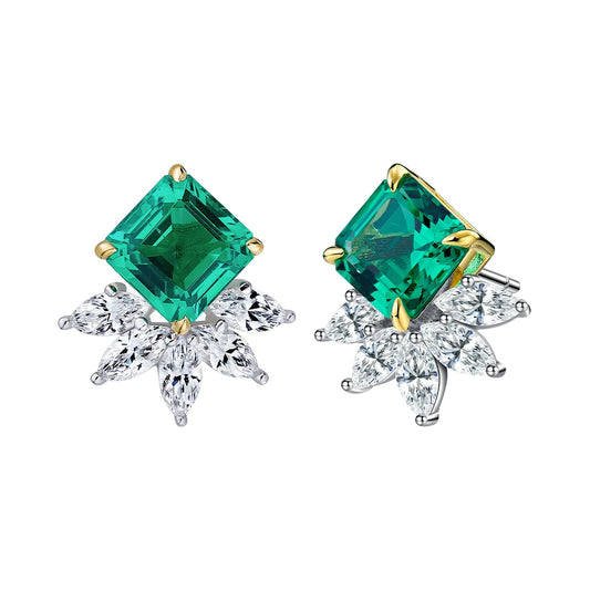 Lab-Grown Emerald Cut Stud Earrings with Marquise Moissanite Accents