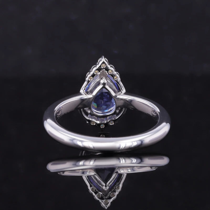 6*8mm Pear Cut Blue Sapphire with Moissanite Halo Ring in 10K Solid White Gold