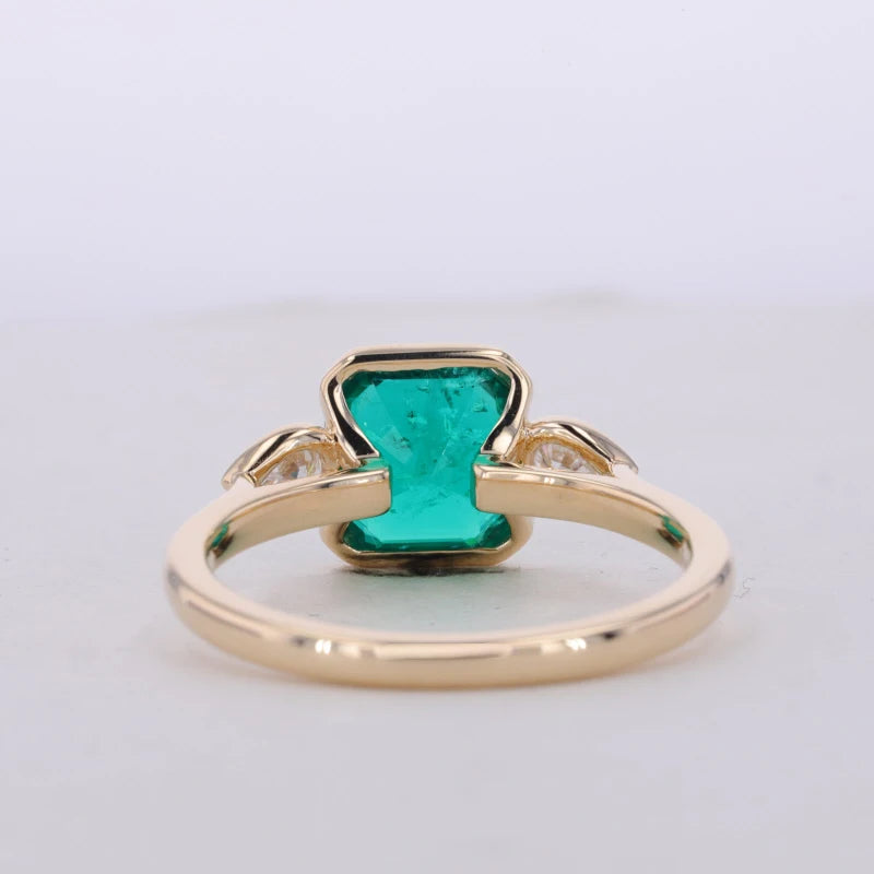 8x8mm, 2.00ct Asscher Lab-Grown Colombian Emerald with Pear Diamonds Three-Stone Ring in 14K Yellow Gold