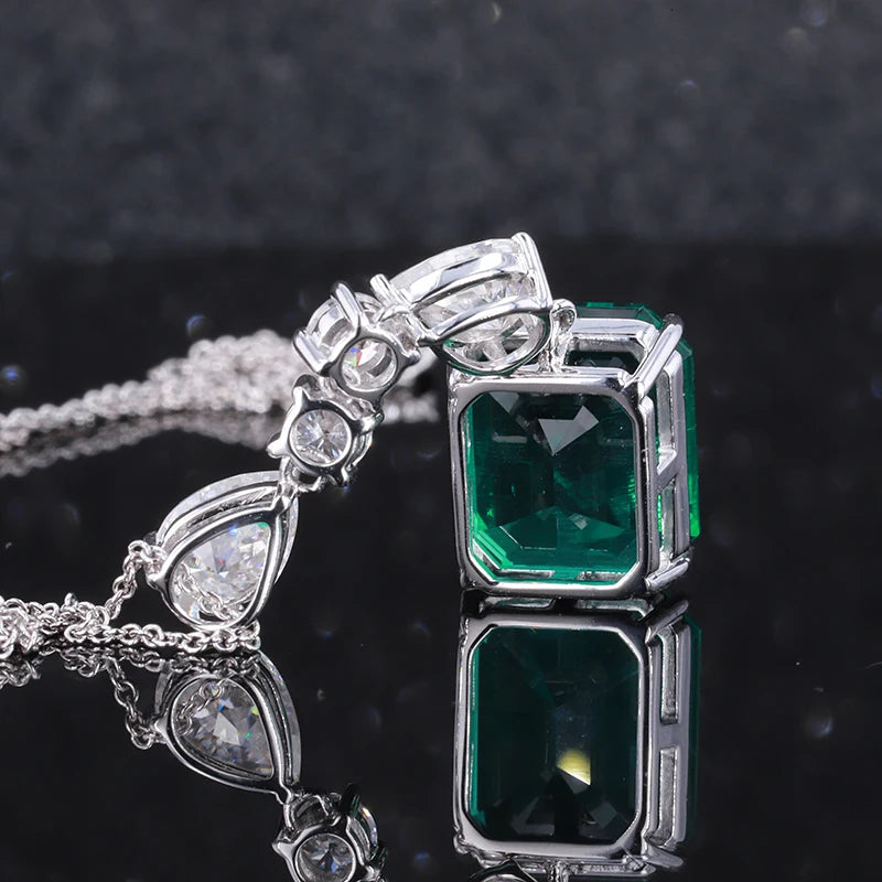 10*12mm Emerald Pendant with Pear and Round Moissanite Rolo Neckalce with 10K White/Yellow Gold