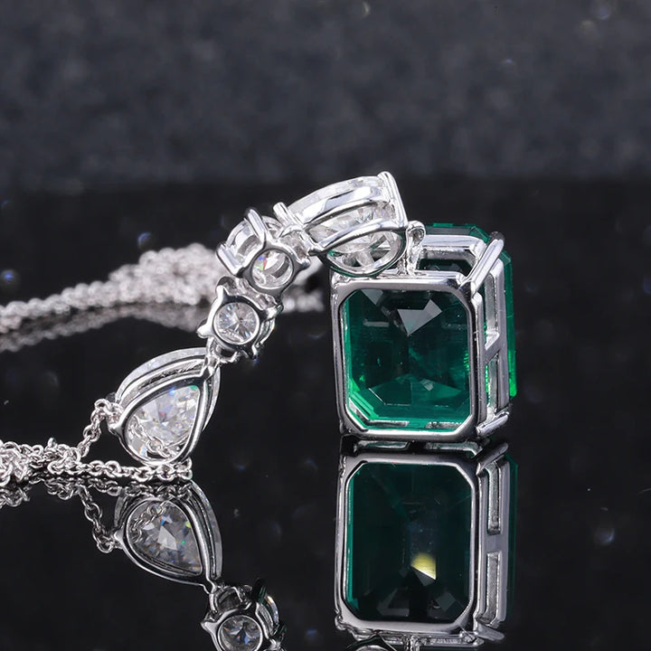 10x12mm, 4.50ct Lab-Grown Zambian Emerald Dangle Pendant with Pear/Round Diamonds Rolo Necklace in 14K White Gold