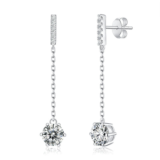 1CT Dangle Round Stud Moissanite Earrings in Platinum-Plated 925 Sterling Silver